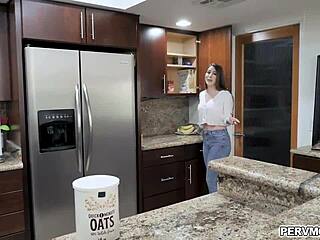 Busty MILF Boldly Flaunts Huge Tits Bra Panties Kitchen Deepthroat Tease