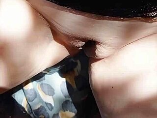 mature wife flashes huge cameltoe shaved pussy outdoor