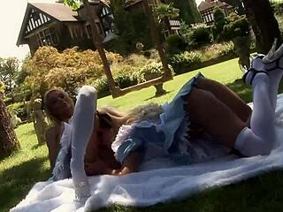 lesbian babes hike skirts for outdoor dildo cunt pounding