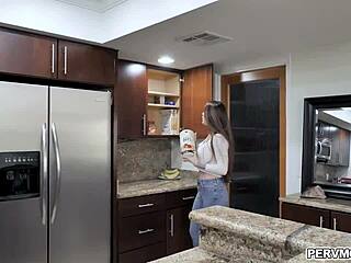 Busty MILF Boldly Flaunts Huge Tits Bra Panties Kitchen Deepthroat Tease