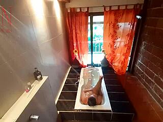 voyeur housewife shaves pussy shower tease