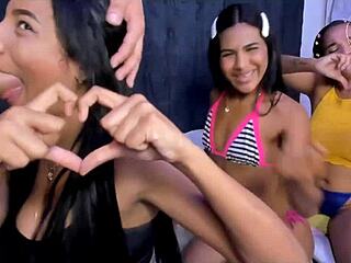 Busty Brunette Slut Delivers Sloppy Double Blowbang