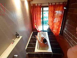 voyeur housewife shaves pussy shower tease