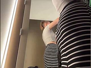 Horny BBW teen fingers shaved tight pussy hardcore in public changing room