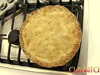 shaved blonde riley nixon bakes pie while riding cock in cum kitchen