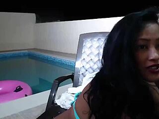 Maxine X fingers asian cunt poolside at night