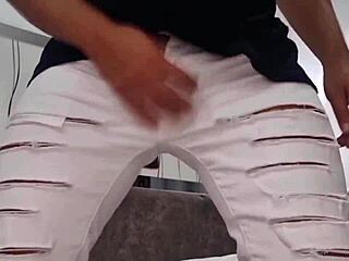 rubbing cock on bed fingering ass hard jerking cumshot closeup