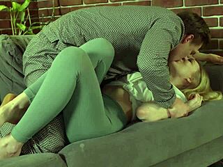 Blonde bombshell takes charge riding my cock hard on the sofa