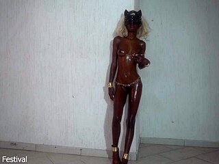 oily skinny black babe's perfect shiny tits glisten seductively