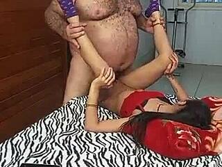 sexy bodybuilder babe loves hairy old man's armpit play