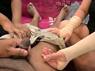 two beautiful indian girls give threesome handjob massage ending