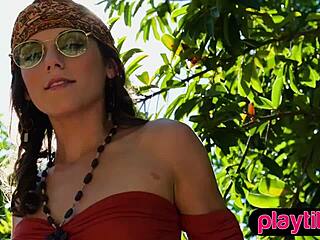 petite brunette teen bares perky tits and hairy pussy softly