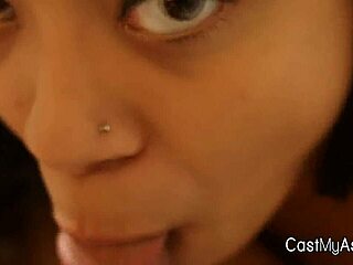 Perky ebony teen blows cock in thong panties pov