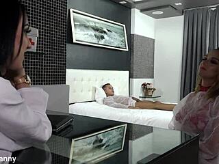 trans nurse assistant bareback double-team patient cowgirl