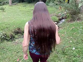 Amateur chubby latina flashes huge tits pussy in forest exhibition