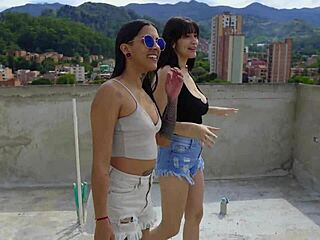 Passionate rooftop exhibitionists kissed and fucked hard by the horny construction worker