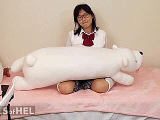 prepping her tight shaved asshole with cock toy for anal fun