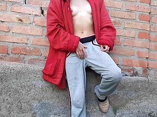 Lesbian brunette masturbates pussy orgasm garden neighbors watch