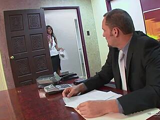 Lazy brunette with fat ass bent over boss's desk taking his huge cock deep in doggystyle