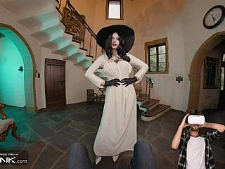 vr lady dimitrescu cosplay busty brunette rides cock in parody