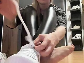 girl shows off nylon feet leather socks fetish fun