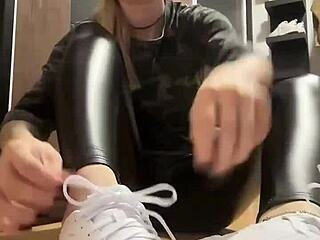 girl shows off nylon feet leather socks fetish fun