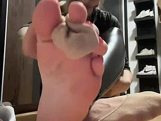 girl shows off nylon feet leather socks fetish fun