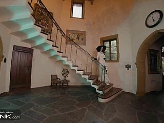 vr lady dimitrescu cosplay busty brunette rides cock in parody