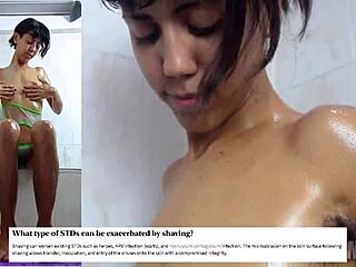 Oiling hairy latina pussy closeup shower bent over thong