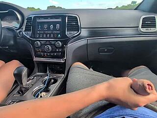 Girlfriend's messy car handjob ends in huge public cumshot