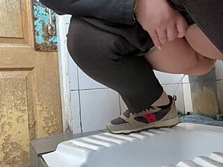 mature milf sneaks into hospital toilet for secret wet pee session