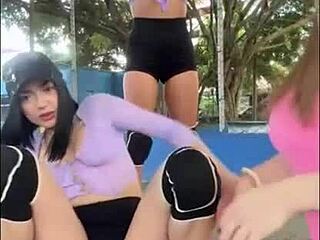 Naughty latinas flash tits publicly before lesbian threesome pussy licking orgy 💦👯‍♀️