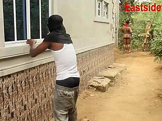 african ebony bride bends over for neighbor's monster black cock creampie outdoor bath fuck