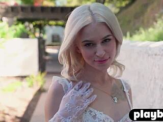 tiny blonde strips sexy in garden babe posing fun