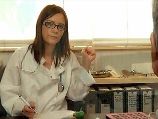 Hey, sexy young doc blows horny old man then rides his cock hard in hospital