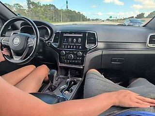 Girlfriend's messy car handjob ends in huge public cumshot