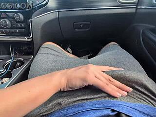 Girlfriend's messy car handjob ends in huge public cumshot
