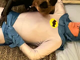 granny catwoman gags deep on batman thick cock