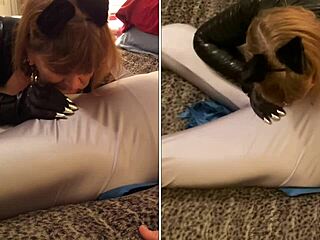 granny catwoman gags deep on batman thick cock