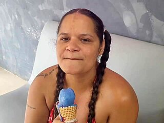 giant chocolate cock fills ass at ice cream shop