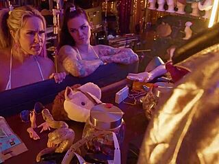 freaky arcade lesbians misty meaner and jordan sky squirt with huge dildos outdoors