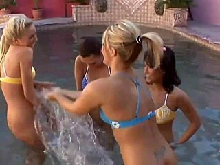 sporty blondes brunettes lustful lesbian group toy play