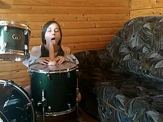 Petite Teen Fucks Tight Pussy with Big Dildo on Drumset