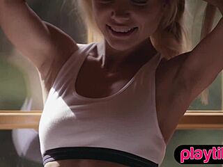 Slender blonde Russian MILF strips revealing perky small tits