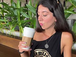 Crazy girl cumwalks starbucks after public toilet blowjob