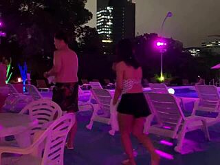 Japanese big tits babe night pool lotion close-up service