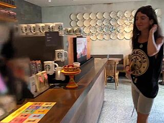 Crazy girl cumwalks starbucks after public toilet blowjob