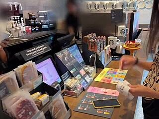 Crazy girl cumwalks starbucks after public toilet blowjob