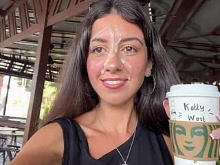 Crazy girl cumwalks starbucks after public toilet blowjob