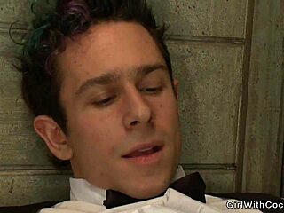 SHEMALE rams her cock deep into coat check guy's tight ass